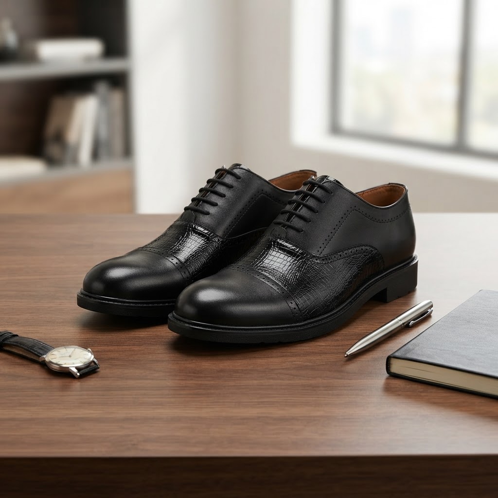 کفش رسمی مردانه مشکی با طراحی cap toe، دارای رویه چرم براق با بافت طرح‌دار، بنددار و مناسب استایل رسمی و اداری